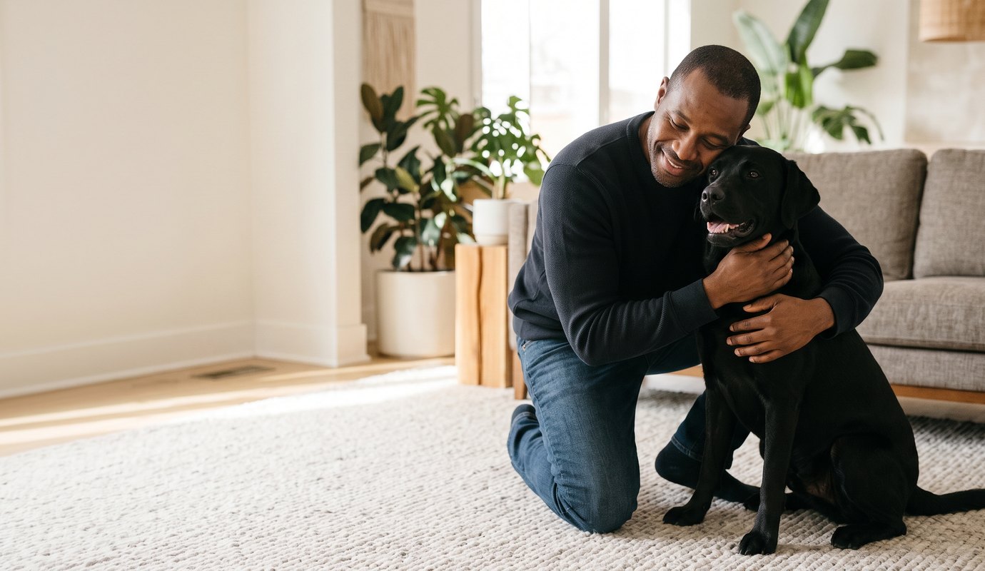 Man hugging his black Labrador