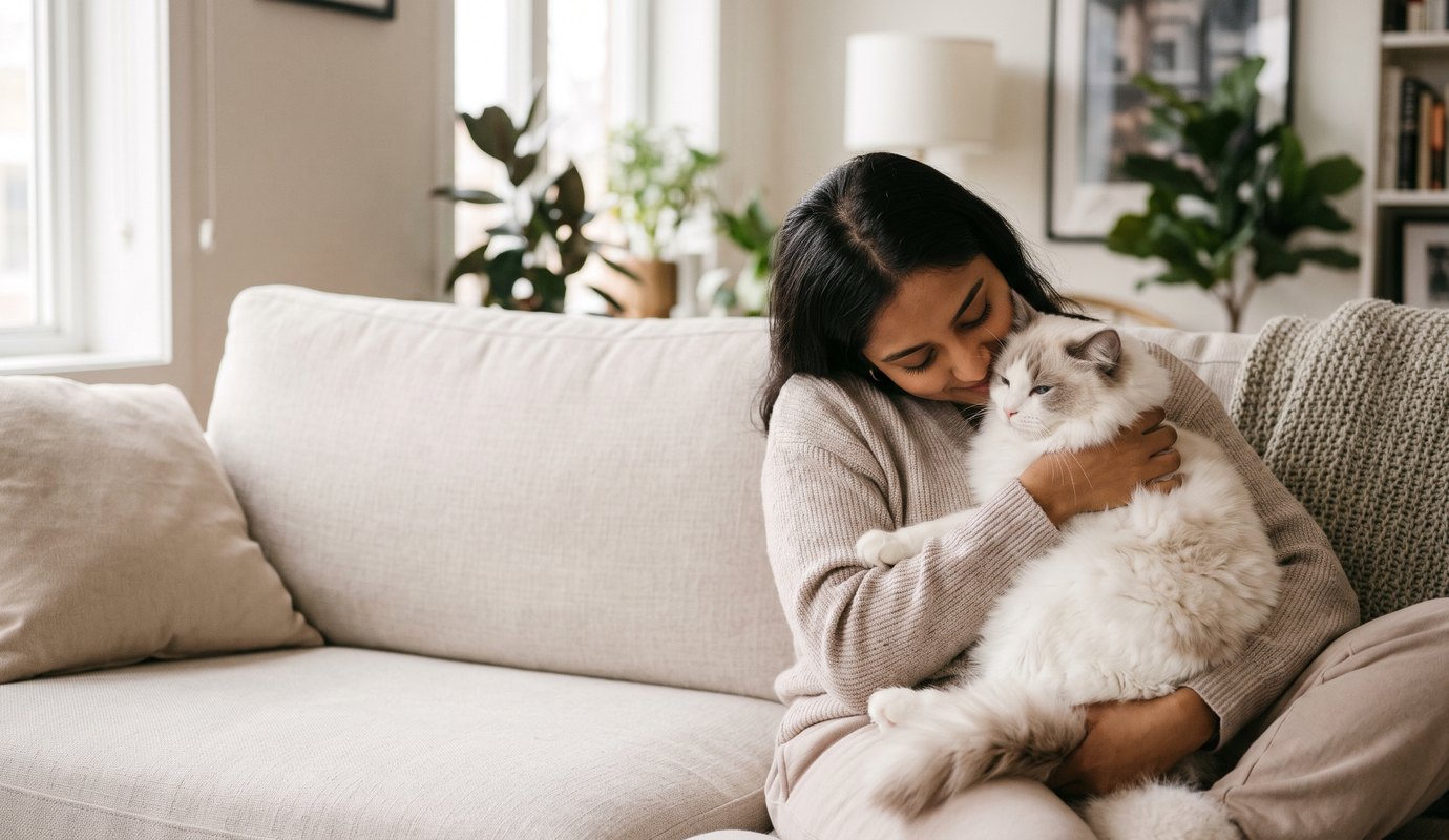 Woman cuddling her Ragdoll cat