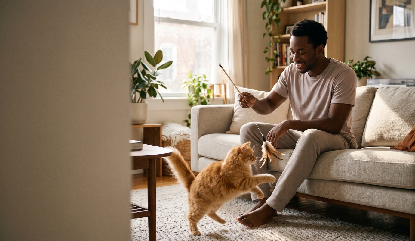 Man playing with his orange tabby cat
