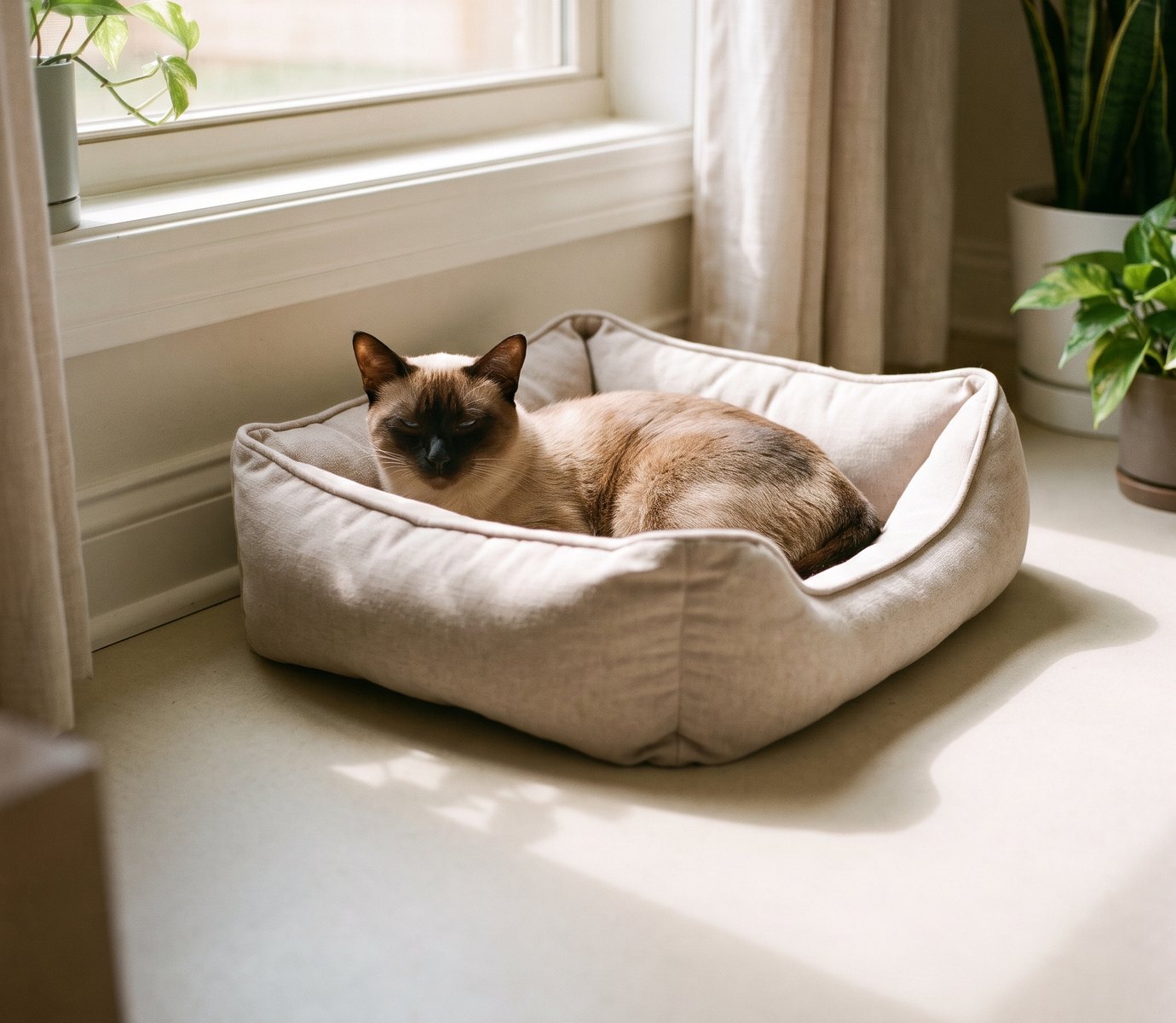 Siamese cat in a cat bed