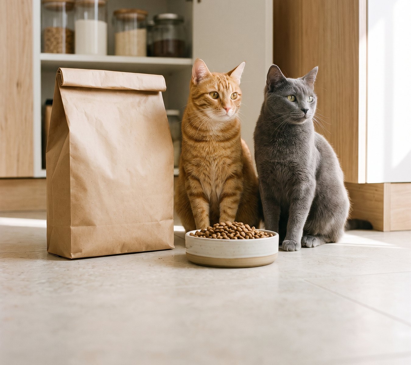 Two cats beside a bag of food