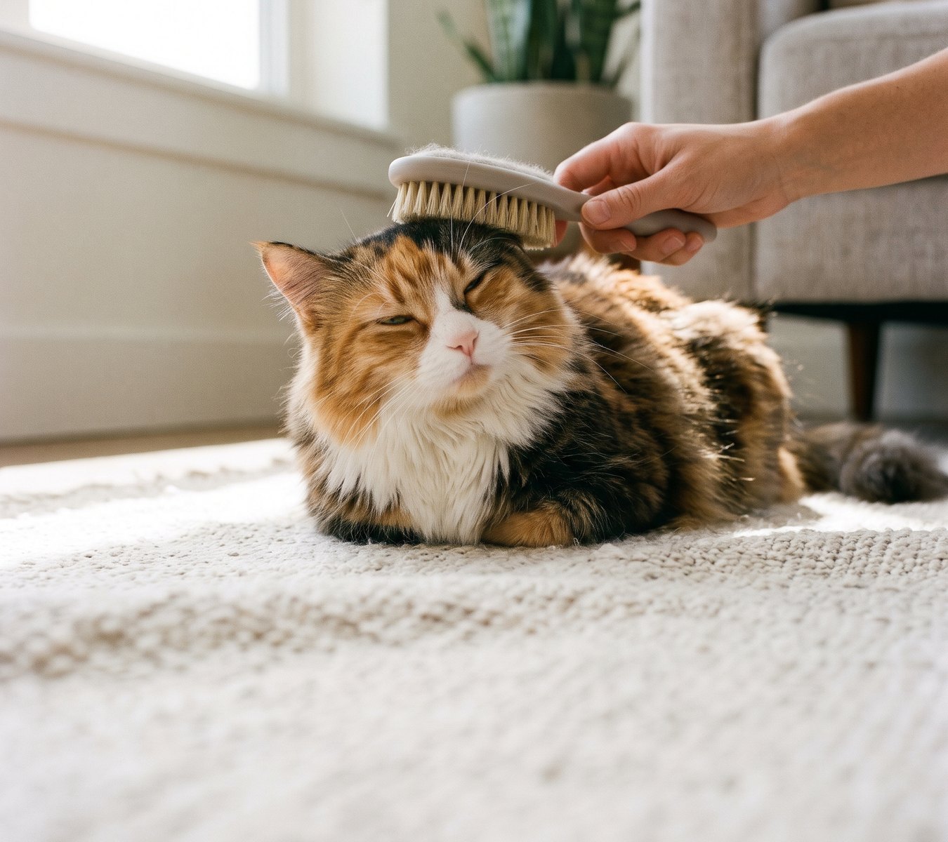 Calico cat being brushed
