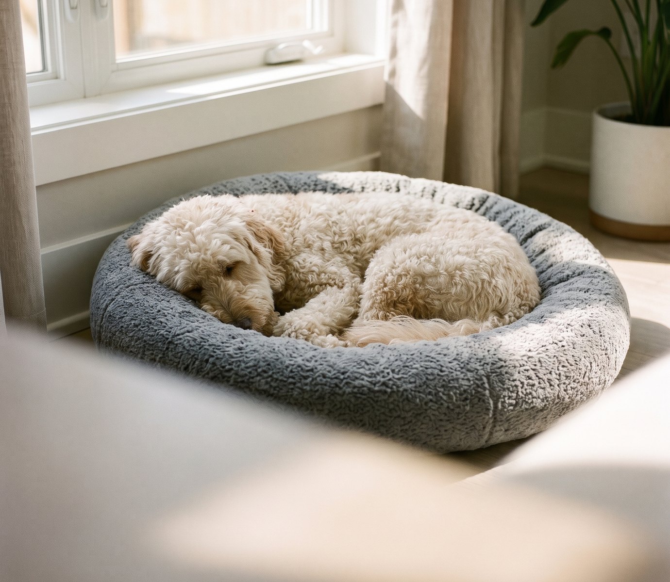 Doodle asleep in a dog bed