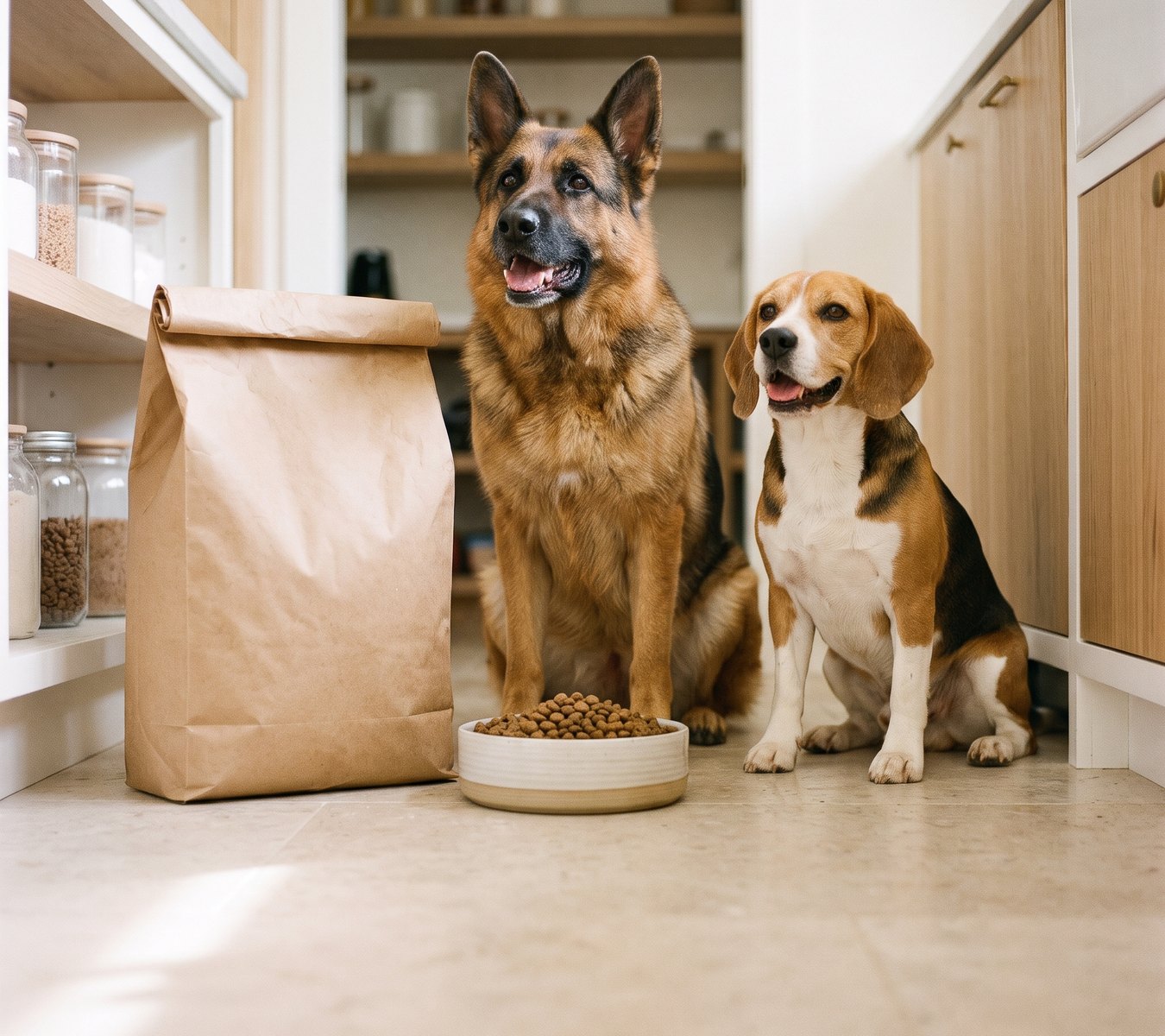 Two dogs beside a bag of food