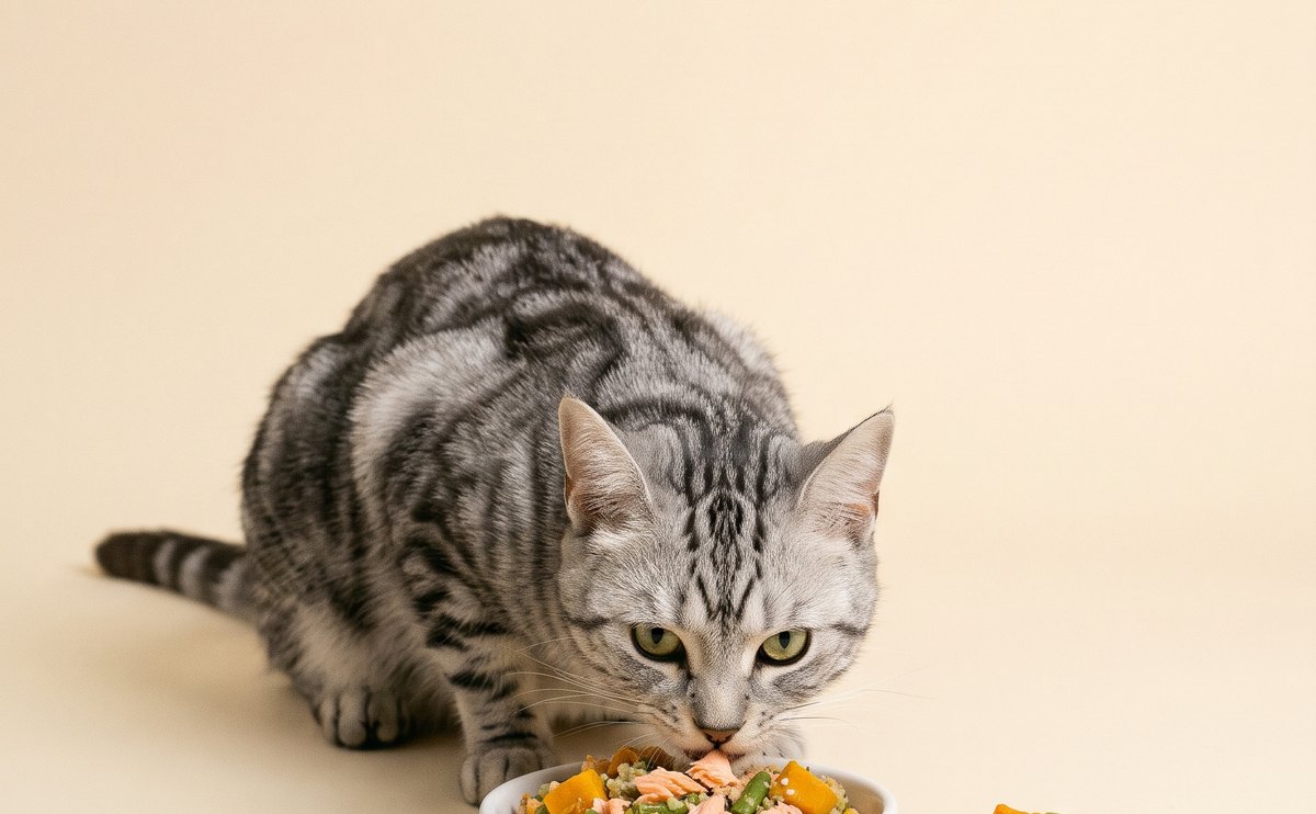 Cat eating a fresh-cooked meal