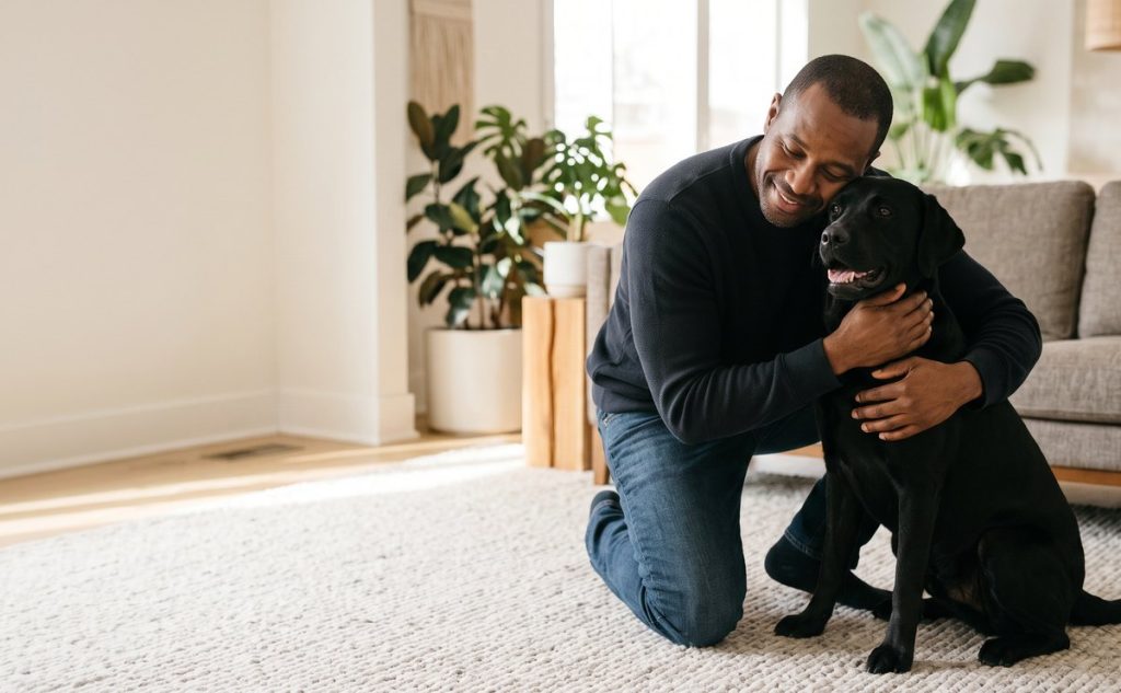 Man hugging his Labrador at home