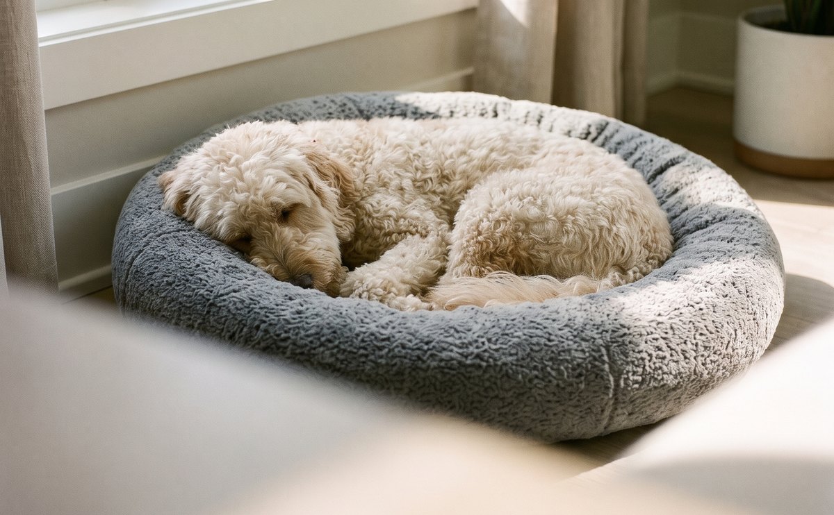 Puppy asleep in a dog bed