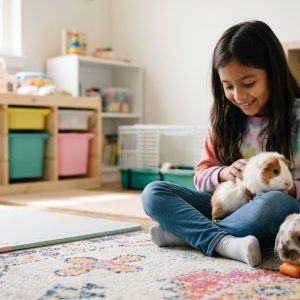 Girl with a guinea pig and rabbit
