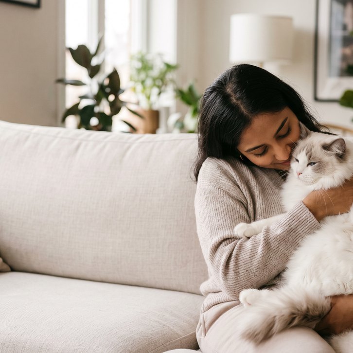 Woman cuddling a Ragdoll cat
