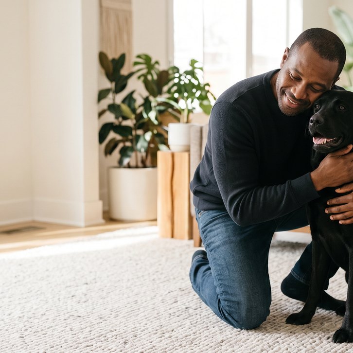 Man hugging his Labrador