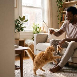 Man playing with his tabby cat