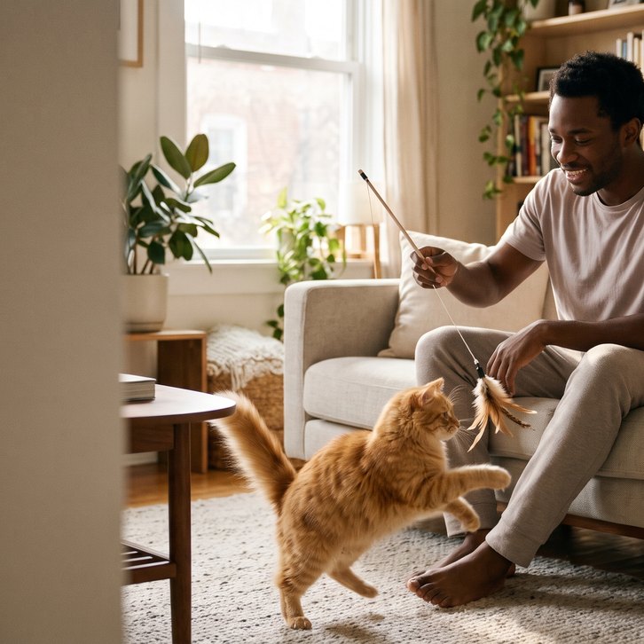 Man playing with his tabby cat