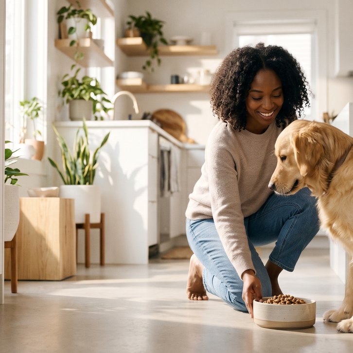 Woman feeding her golden retriever