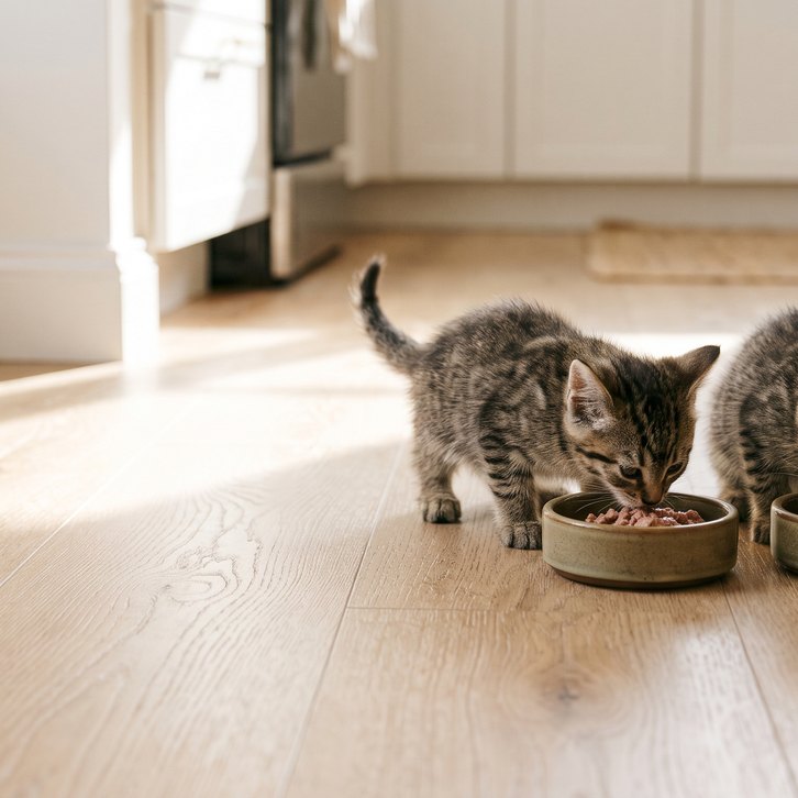 Kittens eating together