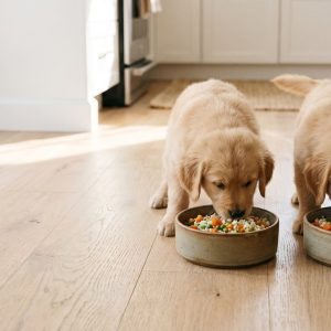 Puppies eating fresh food