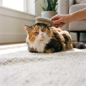 Calico cat being brushed