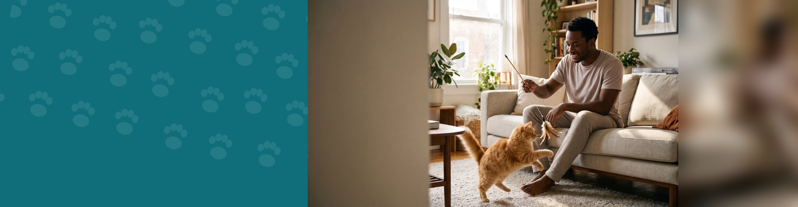 Man playing with his orange tabby cat