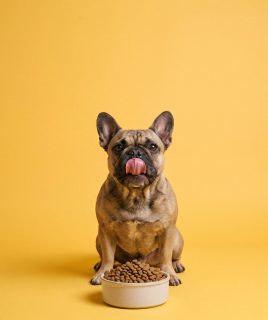 French bulldog with a bowl of kibble